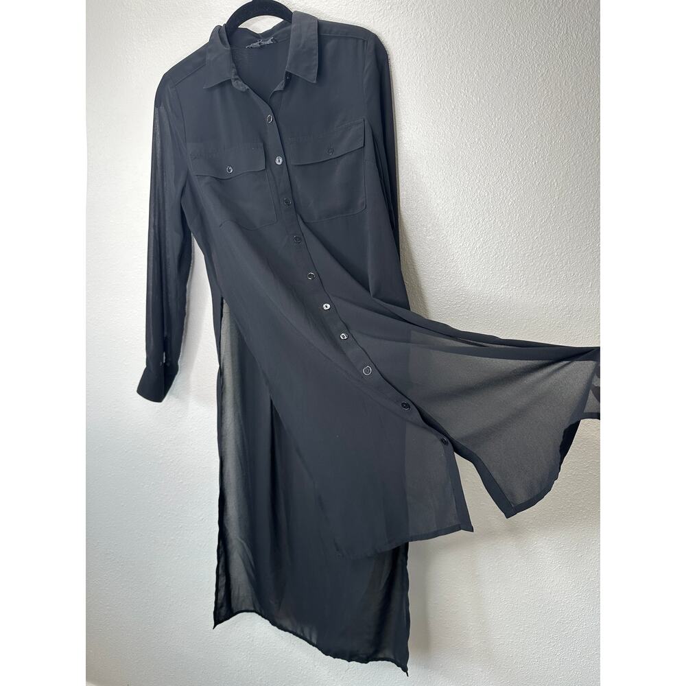 Comme Black Sheer Collared Front Button High Low Long Sleeve Shirtdress S / M